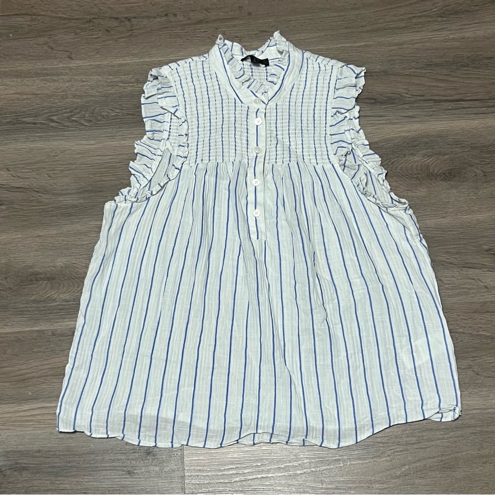 J Crew Small Tank Top Blue White Striped Smocked Button Front Ruffle 100% Cotton
